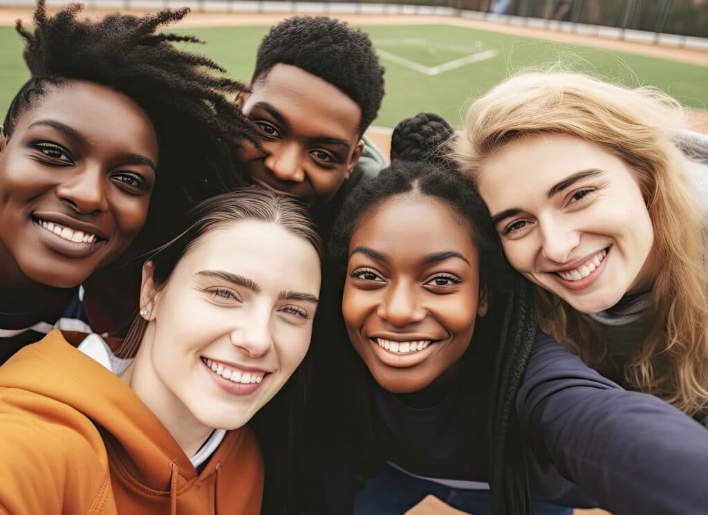 Happy diverse friends taking selfie on smartphone